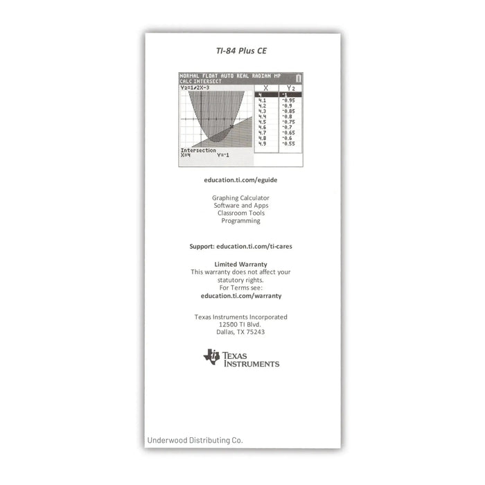 Texas Instruments Graphing Calculator Replacement Quick Reference Guide - Underwood Distributing Co.