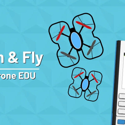 TI-Nspire CX II calculator and CoDrone EDU graphics on blue background for STEM education.