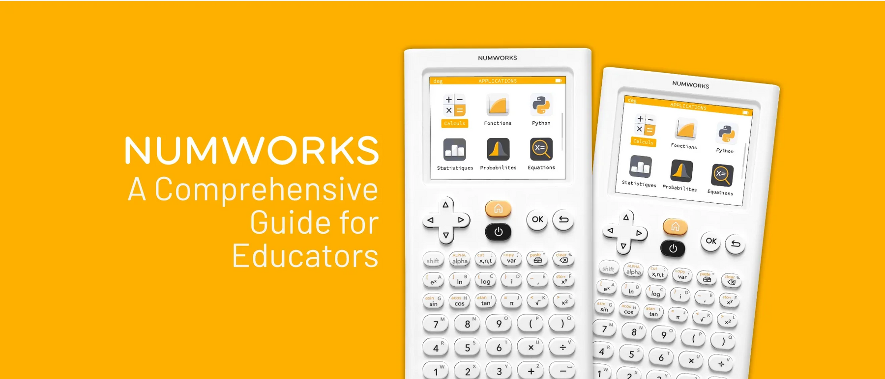 NumWorks graphing calculators with math app icons on yellow background, Underwood Distributing Co.