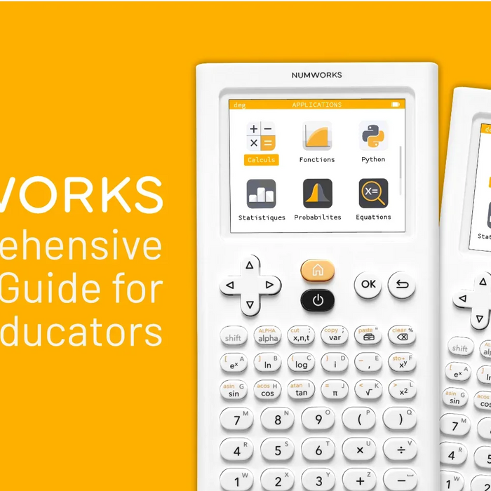 NumWorks graphing calculators with math app icons on yellow background, Underwood Distributing Co.