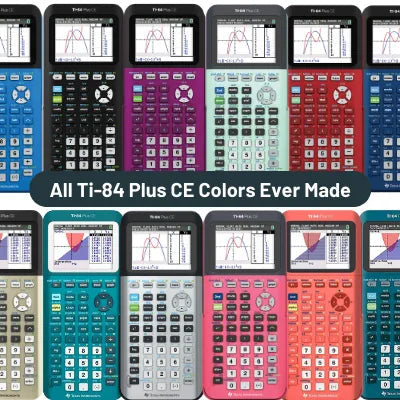 All TI-84 Plus CE calculator colors arranged in rows, colorful graphing calculators by Underwood Distributing Co.
