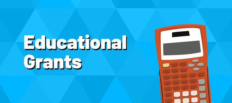 Educational Grants text with an orange calculator, blue geometric background, Underwood Distributing Co.