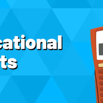 Educational Grants text with an orange calculator, blue geometric background, Underwood Distributing Co.