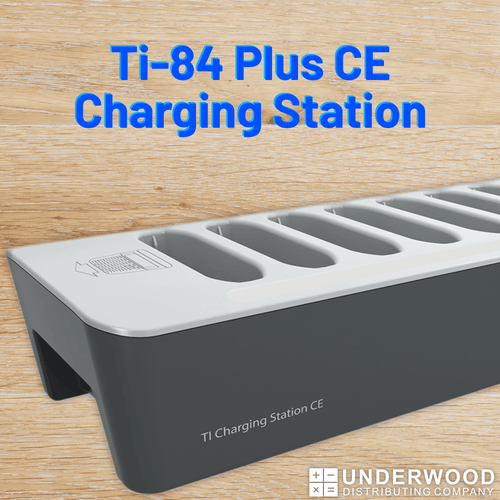 TI-84 Plus CE charging station for calculators on wooden desk, Underwood Distributing Co.