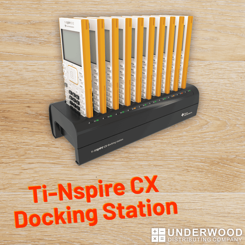 Ti-Nspire CX docking station charging multiple calculators on wood surface, Underwood Distributing Co.