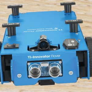 Blue TI-Innovator Rover STEM robotics device on a wooden surface for classroom activities