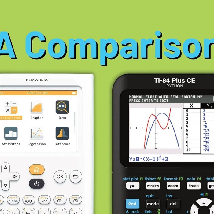 NumWorks and TI-84 Plus CE Python calculators side by side comparison on green background