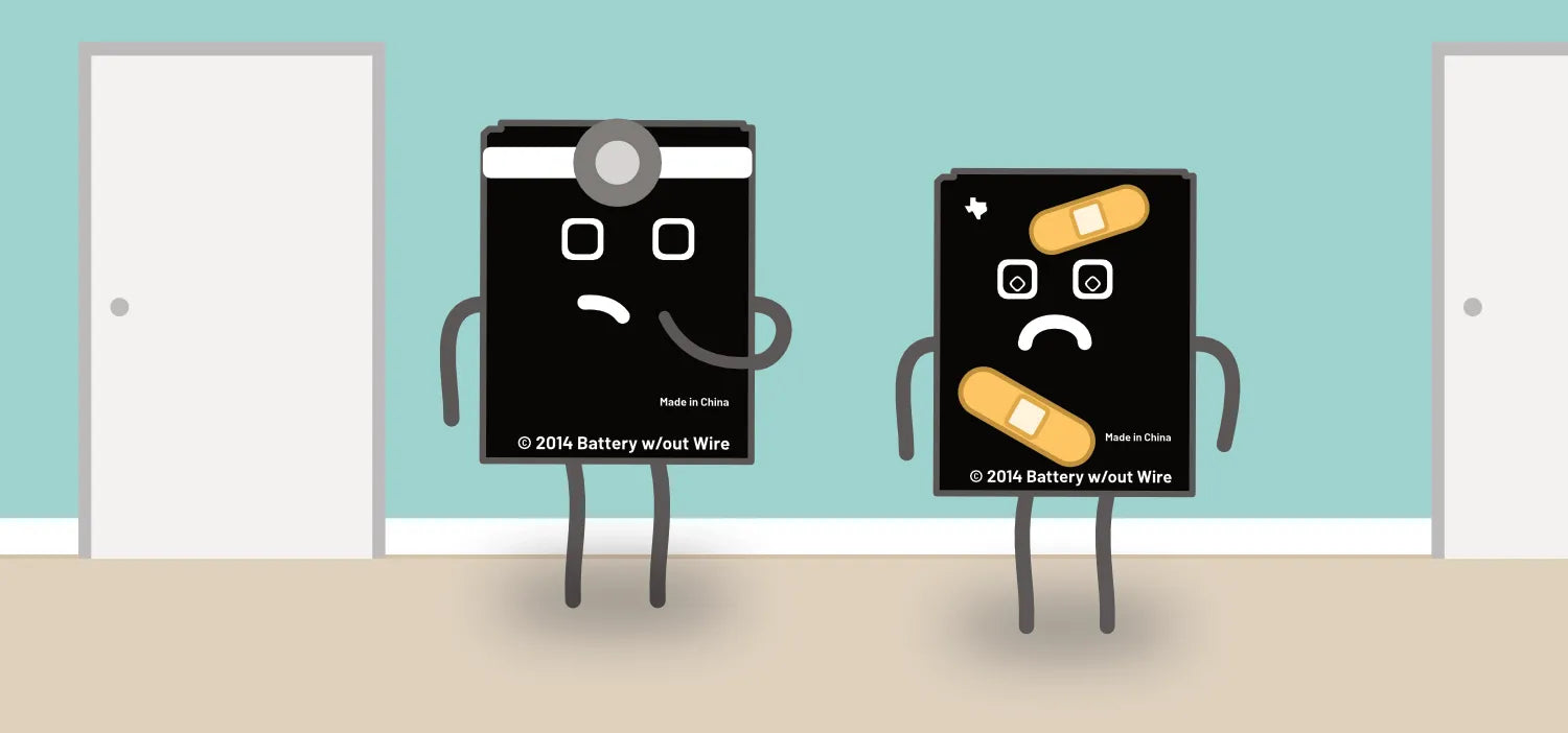 Cartoon TI-84 calculator batteries, one as doctor, one with bandages, in clinic setting