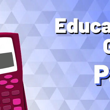 Graphic pink calculator with text 'Educational Grants Part 2' on geometric blue background