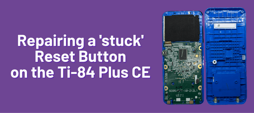 Open TI-84 Plus CE calculator with repair guide text on purple background, Underwood Distributing Co.