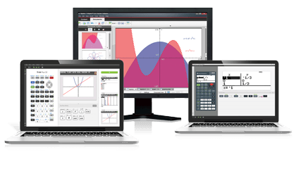 Three laptops display Texas Instruments calculator software, graphing and math tools.