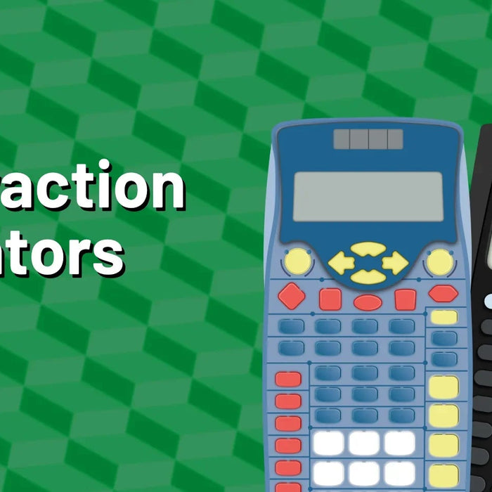 Best fraction calculators of 2025 graphic with two scientific calculators on green patterned background, Underwood Distributing Co.