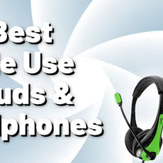Single use earbuds and headphones selection with bold text on blue background, Underwood Distributing Co.