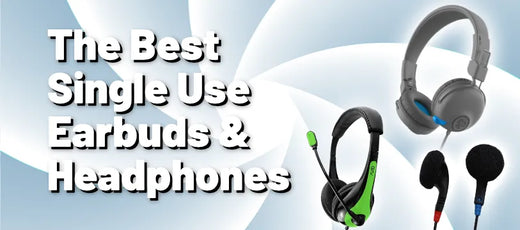 Single use earbuds and headphones selection with bold text on blue background, Underwood Distributing Co.