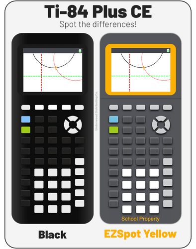 Comparison of TI-84 Plus CE Black and EZSpot Yellow graphing calculators for schools at Underwood Distributing Co.