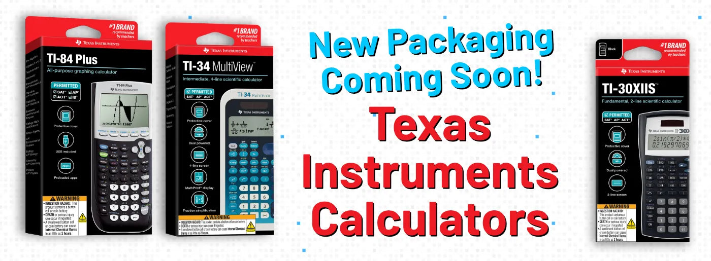 New packaging preview for Texas Instruments calculators TI-84 Plus, TI-34 MultiView, TI-30XIIS at Underwood Distributing Co.