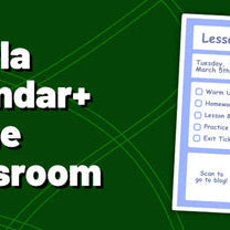 Cozyla Calendar+ lesson plans display in classroom, green background, Underwood Distributing Co.