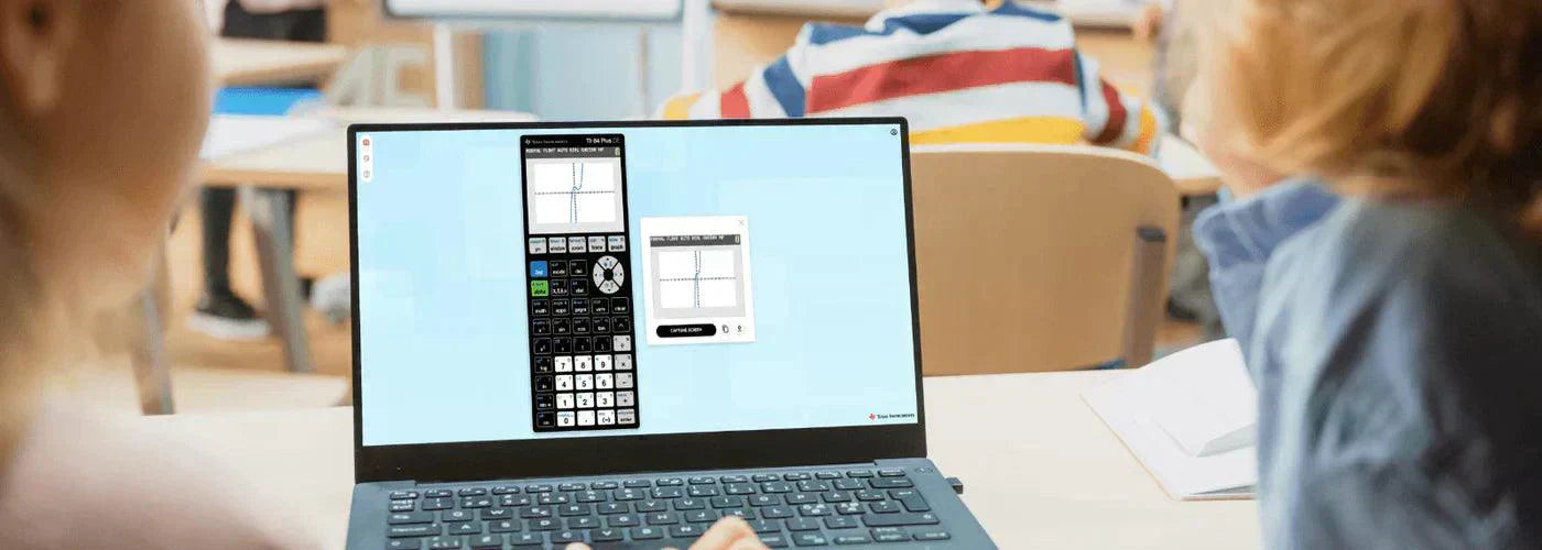 Student using TI-84 Plus CE online calculator app on laptop in classroom, Underwood Distributing