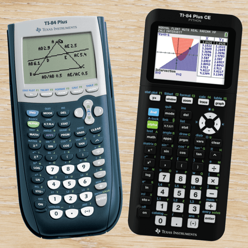 TI-84 Plus and TI-84 Plus CE graphing calculators comparison on wood desk, Underwood Distributing Co.