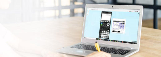 Person using a laptop displaying a Texas Instruments calculator app, education technology setting.