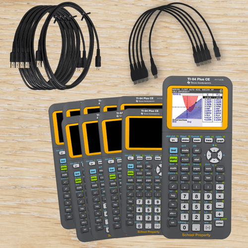 Texas Instruments TI-84 Plus CE calculators with USB cables on wood, Underwood Distributing Co.