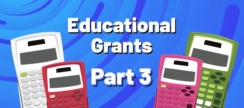 Colorful calculators and Educational Grants text on a blue background, Underwood Distributing Co.