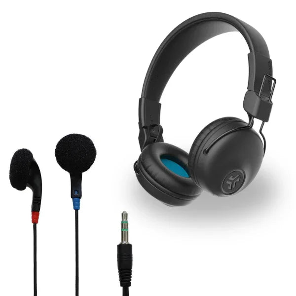 Black over-ear headphones and wired earbuds with 3.5mm jack, Underwood Distributing Co.