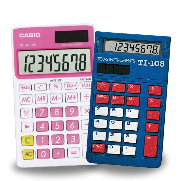 Texas Instruments TI-108 blue calculator and Casio SL-300VC pink calculator side by side