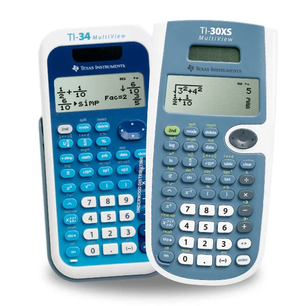 Texas Instruments TI-34 and TI-30XS scientific calculators with fractions on display, sold by Underwood Distributing Co.