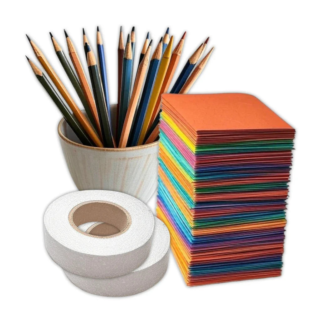 Arts and crafts supplies with colored pencils, stack of colored paper, and adhesive rolls
