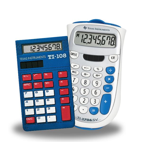 Texas Instruments TI-108 and TI-1706SV basic calculators from Underwood Distributing Co.