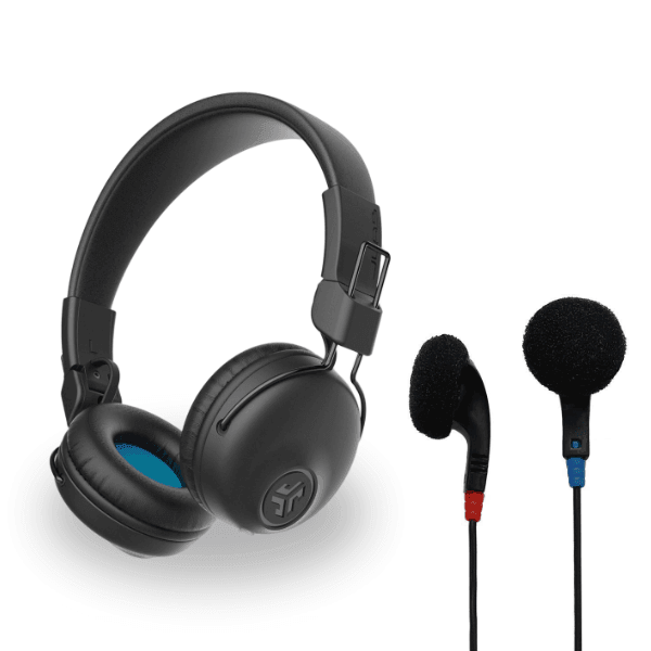 Classroom audio headsets and earbuds, black, for schools at Underwood Distributing Co.
