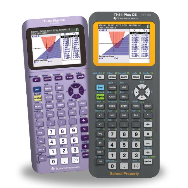 Two Texas Instruments TI-84 Plus CE graphing calculators with color screens and visible buttons.