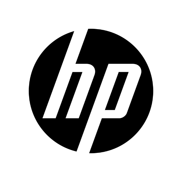 Black HP logo on white background, representing Hewlett-Packard electronics at Underwood Distributing Co.