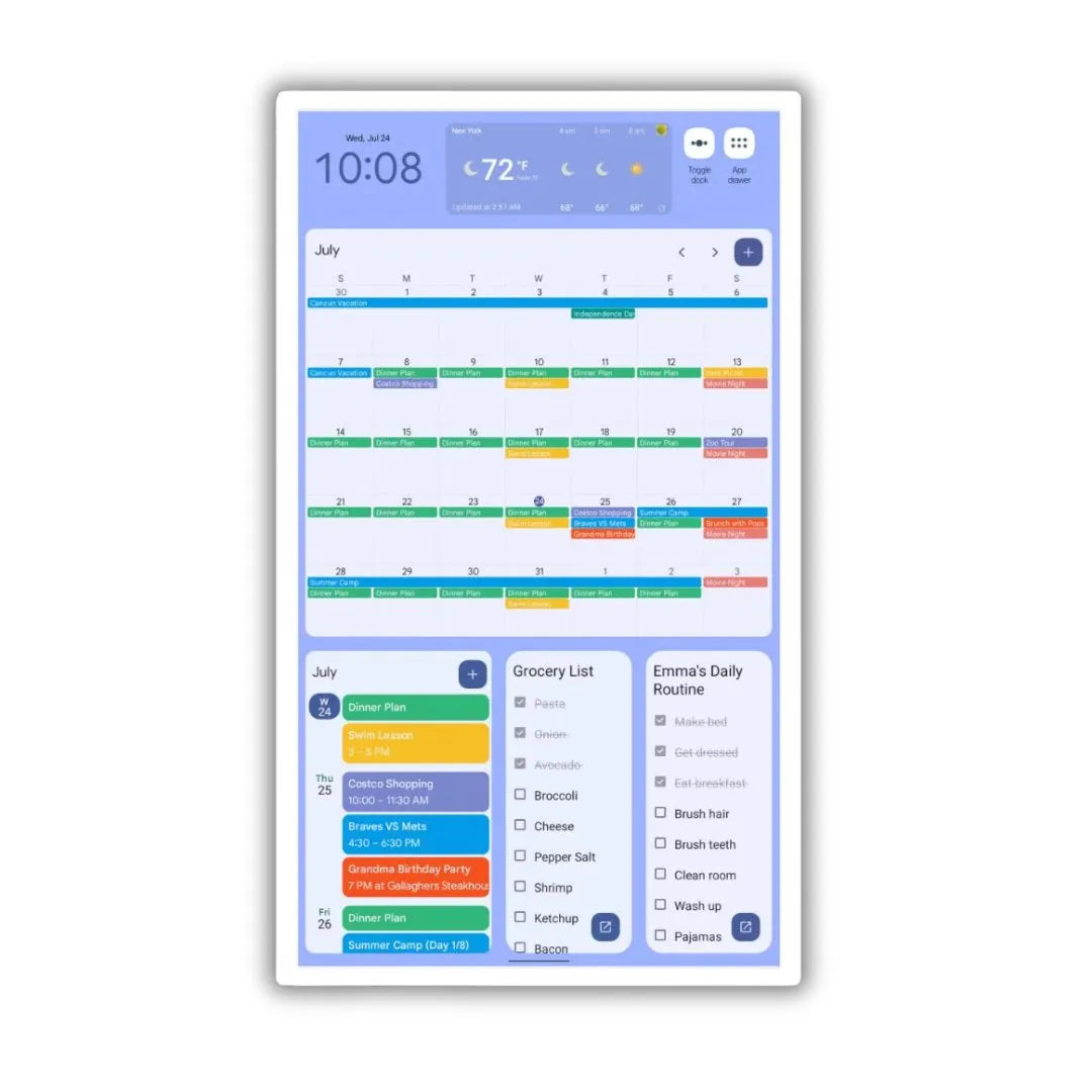 Interactive digital display showing a calendar, grocery list, and daily routine for schools