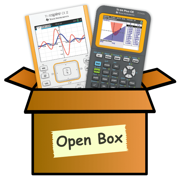 Open box with Texas Instruments TI-Nspire CX II and TI-84 Plus CE calculators