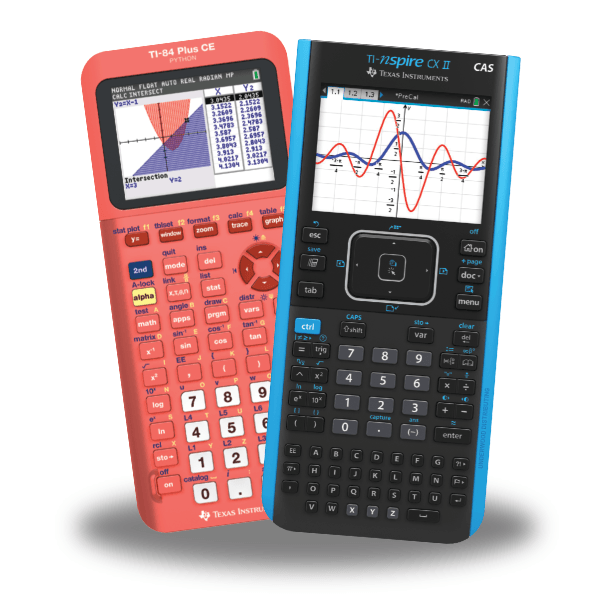 Texas Instruments rechargeable graphing calculators, TI-84 Plus CE and TI-Nspire CX II, with color displays.
