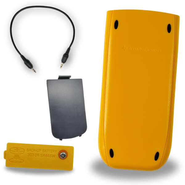 Texas Instruments calculator replacement parts set with yellow case, battery cover, backup battery holder, and linking cable from Underwood Distributing Co.