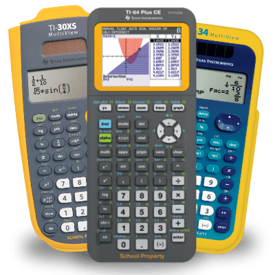 Texas Instruments school calculators TI-30XS, TI-84 Plus CE, TI-34 on Underwood Distributing