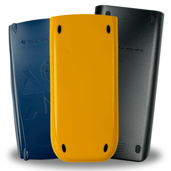 Texas Instruments calculator slide covers in blue, yellow, and black, Underwood Distributing Co.