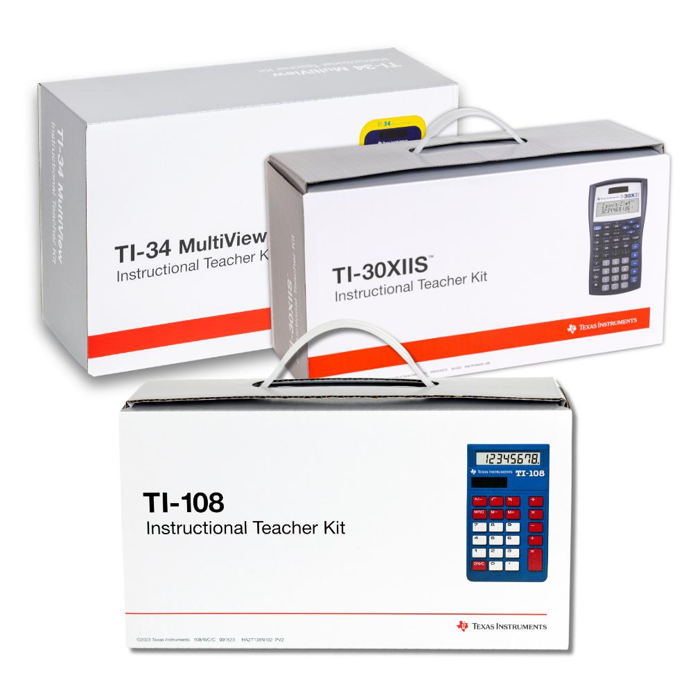 Texas Instruments instructional teacher kit boxes for TI-108, TI-30XIIS, TI-34 calculators