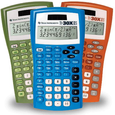 Texas Instruments TI-30XIIS scientific calculators in green, blue, and orange from Underwood Distributing Co.