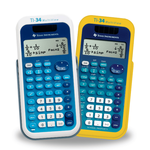 Texas Instruments TI-34 MultiView scientific calculators, two units, blue and yellow, from Underwood Distributing Co.