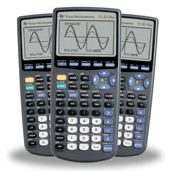 Three Texas Instruments TI-83 Plus graphing calculators with sine wave graphs on screens