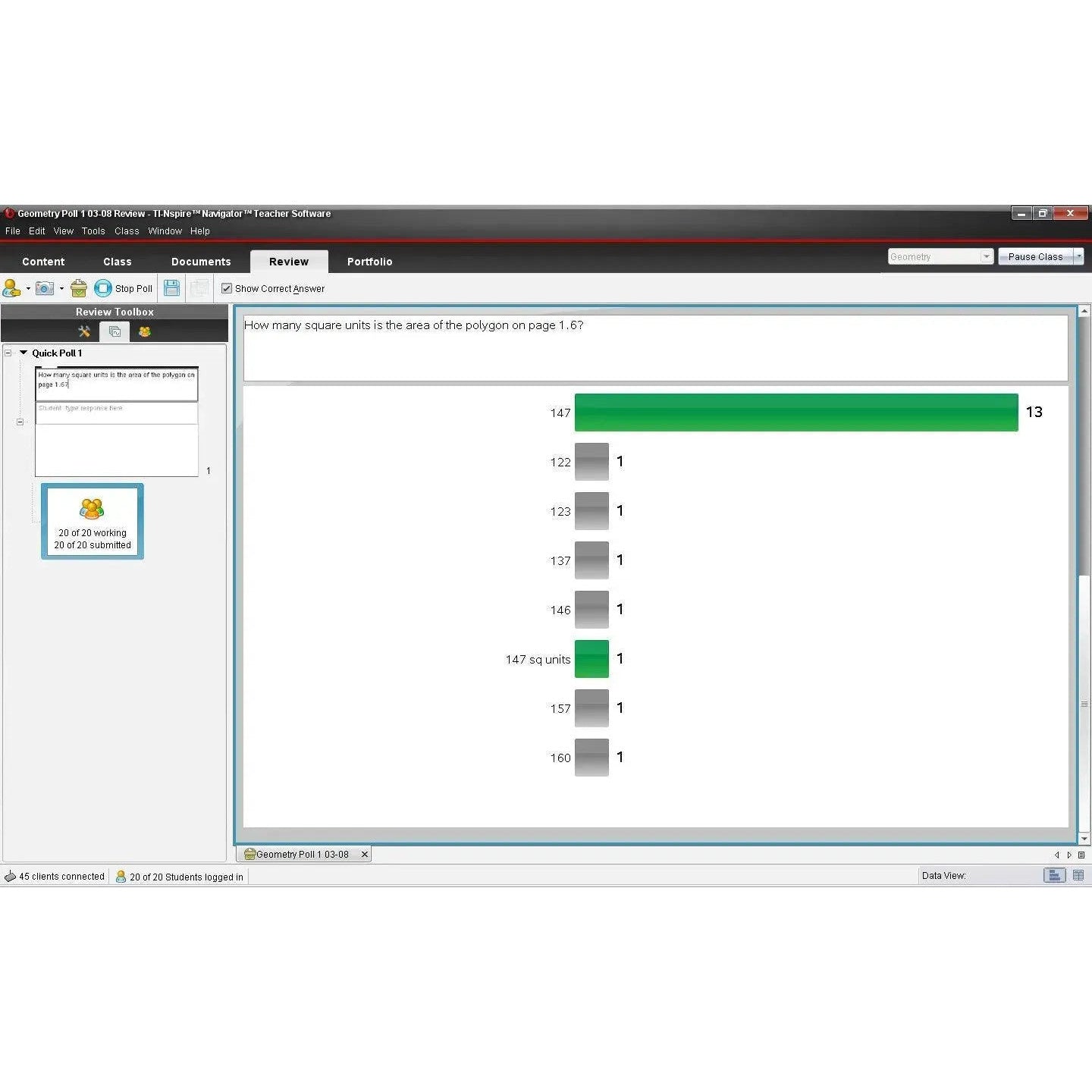 TI-Nspire CX Navigator classroom software showing student poll results, Underwood Distributing Co.