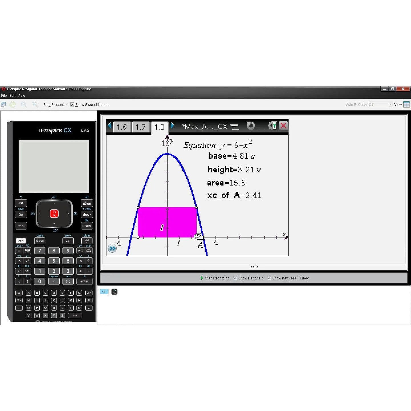 TI-Nspire CX CAS calculator and math graph displayed in TI-Nspire Navigator Teacher Software