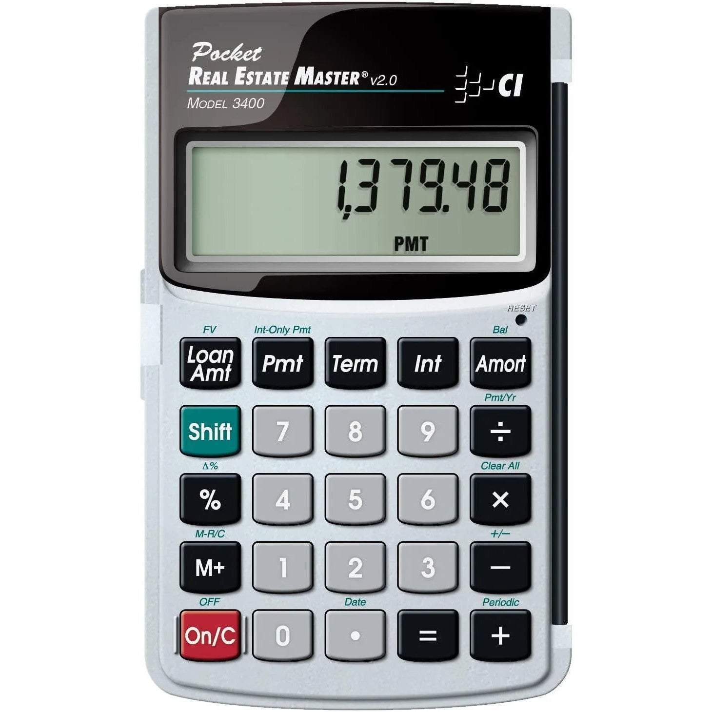 Pocket Real Estate Master Model 3400 financial calculator with payment amount display, sold by Underwood Distributing Co.