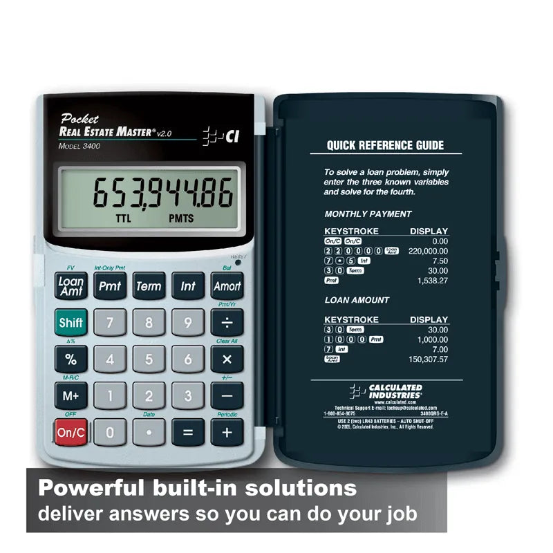 Pocket Real Estate Master calculator 3400 with reference guide, Underwood Distributing Co dealer