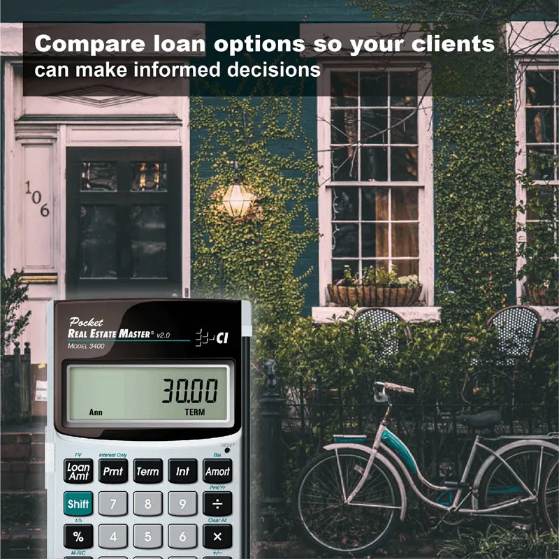 Pocket Real Estate Master 3400 calculator in front of a home with greenery and bicycle.