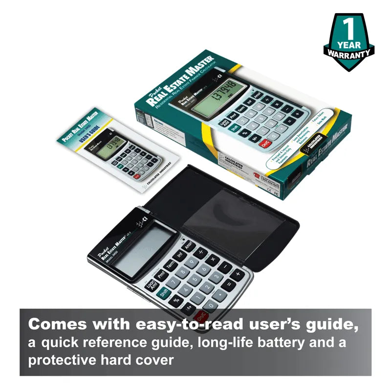 Pocket Real Estate Master calculator set with box, user guide, and protective hard cover